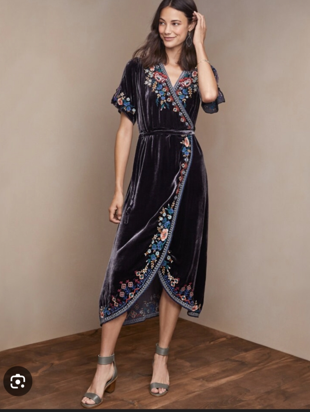 Johnny Was Black Velvet Embroidered Wrap Maxi Dress - Picture 9 of 11